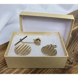 Vintage Retro 60’s Men’s Gold Striped Oval Cufflinks & Tie Pin Set Gift